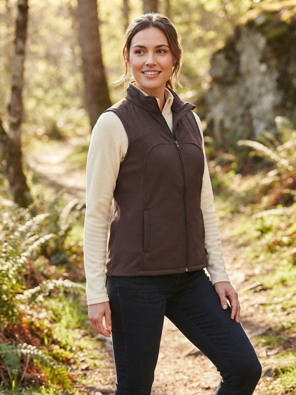 Gear Women's Brown Full-Zip Fleece & Woven Active Vest Size Medium M